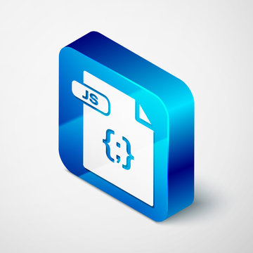 Isometric JS file document. Download js button icon isolated on white background. JS file symbol. Blue square button. Vector Illustration