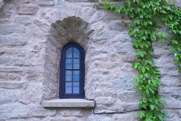 Medieval stone church window from the outside. Green wines on the right