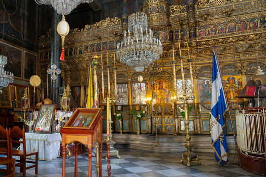 Decorative interior of beautiful Greek Orthodox church.