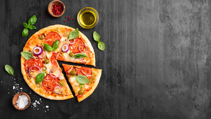  Italian pizza with melted mozzarella cheese green olives and tomato garnished with fresh...