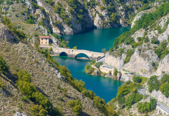Fototapeta na wymiar Villalago (Abruzzo, Italy) - A charming little medieval village in the province of L'Aquila, situated in the gorges of Sagittarius, between Lake Scanno and Lago San Domenico, with bridge of sanctuary