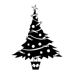 Editable vector silhouette of a detailed Christmas tree with tree and decorations as separate objects