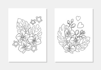 vector  orhids exotic  flower leaf bouquet star heart coloring page line art outline
