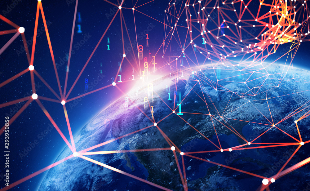 Leinwandbilder Big Data Concept. Global Cyberspace. 3D illustration of wireless internet technologies. Database protection and blockchain network. Elements of this image are furnished by NASA