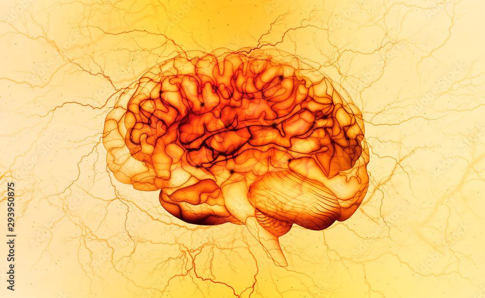 Poster brain x-ray, electrical impulse, brainstorming. mind and intelligence of a person. 3d illustration. 