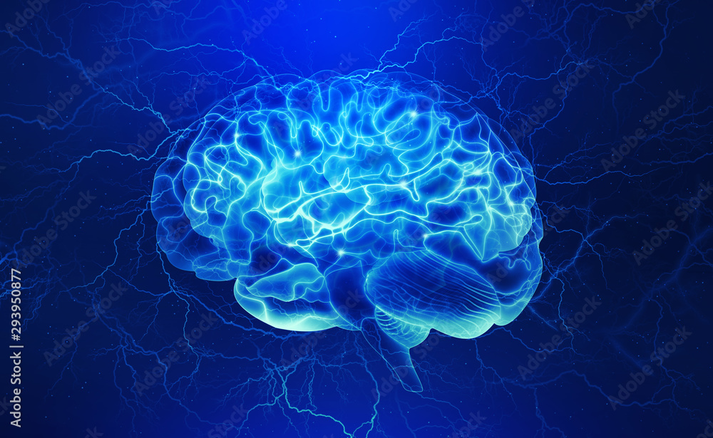 Poster brain x-ray, electrical impulse, brainstorming. mind and intelligence of a person. 3d illustration. 