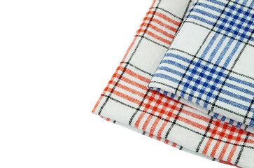 Blue and red checked tablecloth isolated on white with room for text