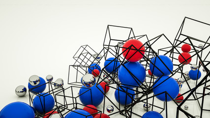 abstract background of scattered three-dimensional shapes. balls and cubic frames. 3d rendering illustration