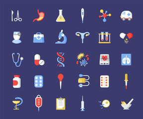 Medicine accessories flat vector icons set. Health care