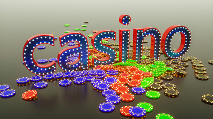 gaming chips and the word casino. 3d rendering illustration