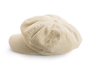 The white fabric hat Flat Cap style that the painter likes to wear on white background with clipping path.