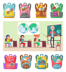 Naklejka premium Children sitting on geography lesson at school. Teacher explainind educational material to pupils using globe and hemispheres map vector. Sey of backpaks. Back to school concept. Flat cartoon