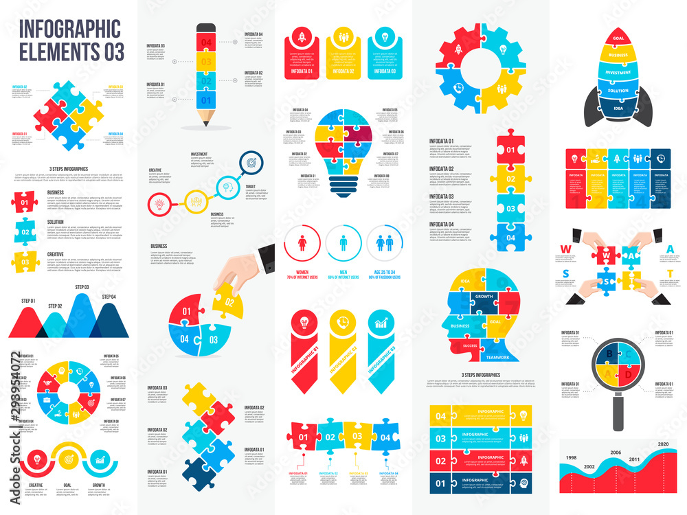 Aufkleber Big set of puzzle infographic elements. Can be used for steps, business processes, workflow, diagram, flowchart concept and timeline. Data visualization vector design template.