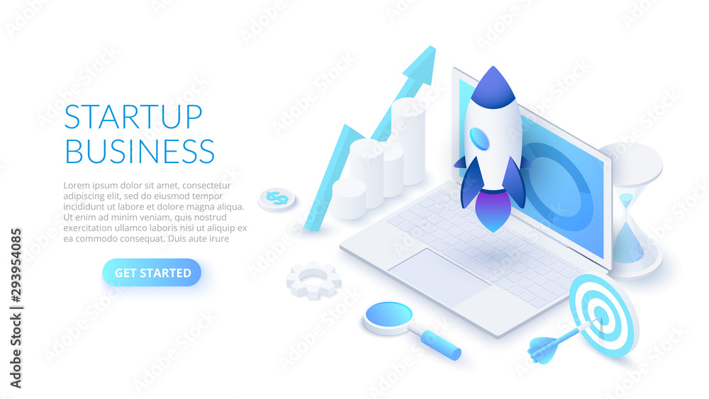 Poster startup business design concept with rocket, laptop and hourglass. isometric vector illustration. la