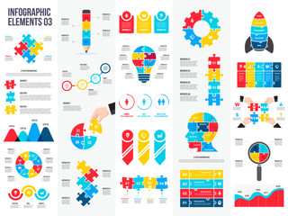 Big set of puzzle infographic elements. Can be used for steps, business processes, workflow, diagram, flowchart concept and timeline. Data visualization vector design template. - obrazy, fototapety, plakaty