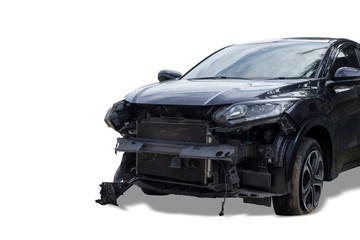 Front of black color car damaged and broken by accident . Isolate on white background. Save with...