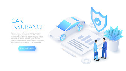 Car insurance design concept with car, shield and contract. Isometric vector illustration. Landing page template for web.