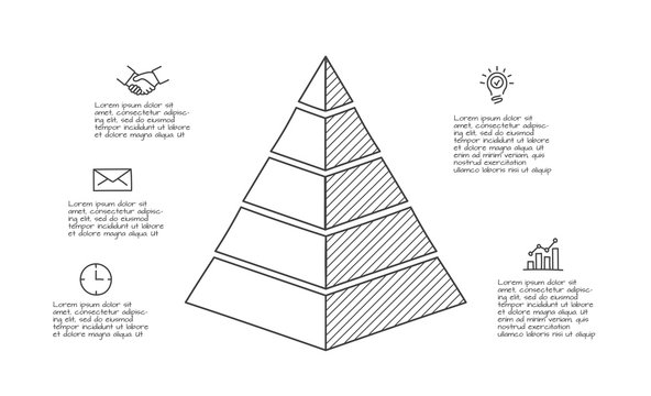 Doodle infographic pyramid with 5 options. Hand drawn icons. Thin line illustration.