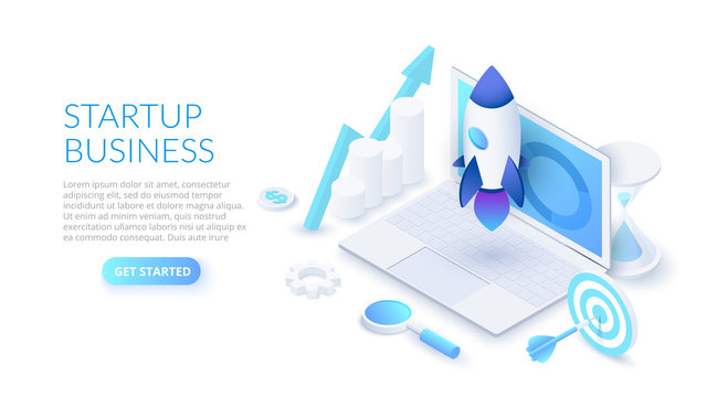Startup business design concept with rocket, laptop and hourglass. Isometric vector illustration. Landing page template for web.