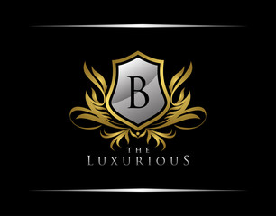 Classy Shield Logo with B Letter in Royal Badge Vector Logo Template Used for hotel, restaurant, boutique, jewellery invitation, business card etc