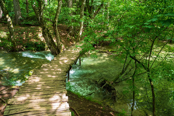 Fototapeta na wymiar Wooden walkway leading over a small creek deep in the forest at the Plitvice Lakes National Park, Croatia