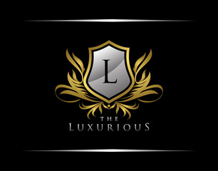 Classy Shield Logo with L Letter in Royal Badge Vector Logo Template Used for hotel, restaurant, boutique, jewellery invitation, business card etc