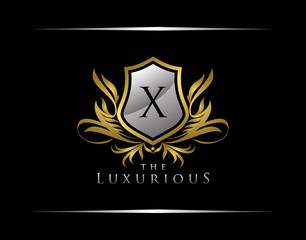 Classy Shield Logo with X Letter in Royal Badge Vector Logo Template Used for hotel, restaurant, boutique, jewellery invitation, business card etc