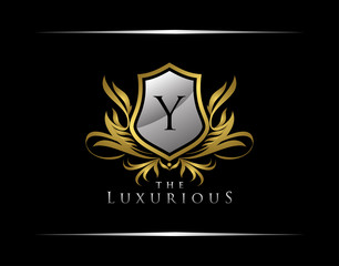 Classy Shield Logo with Y Letter in Royal Badge Vector Logo Template Used for hotel, restaurant, boutique, jewellery invitation, business card etc