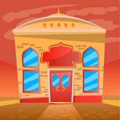 Place to eat vector, indian restaurant exterior flat style Asian diner. Food and dishes from asia, oriental style of construction, urban style business. Scene from application game. Flat cartoon