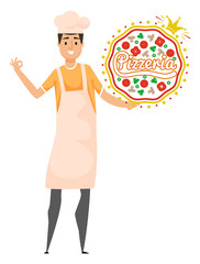 Pizzeria signboard, chef wearing apron, fastfood billboard on white. Portrait view of smiling kitchener holding pizza, tomato and mushroom, cook vector