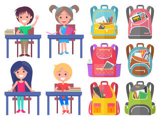 Smiling classmates sitting at desktop with notebook, backpack sticker on white. Girl and boy studying, pen and pencil in school bag, education sign vector. Back to school concept. Flat cartoon