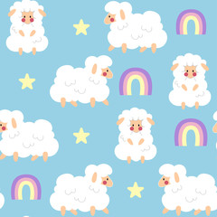 Cute fluffy sheep with rainbow and star on blue background seamless pattern