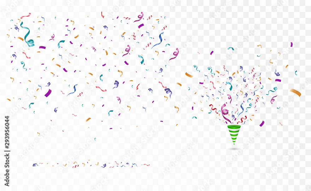 Poster Lots of colorful tiny confetti and ribbons on transparent background. Festive event and party. Multicolor background.Colorful bright confetti isolated on transparent background.