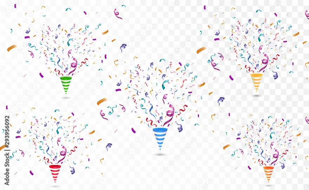 Poster Lots of colorful tiny confetti and ribbons on transparent background. Festive event and party. Multicolor background.Colorful bright confetti isolated on transparent background.