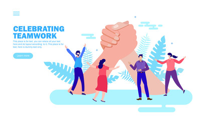 Obraz premium people celebrating teamwork and together with big joining hands