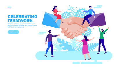 people celebrating teamwork and together with big shake hand, sitting on hand