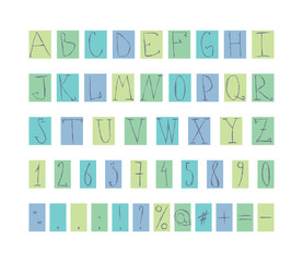 Doodle font. Set of multi-colored letters, numbers and signs. Vector isolated illustration on white.