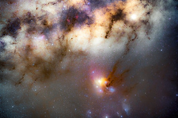 Beautiful core of milky way with Rho Ophiuchi cloud complex. Long exposure photograph.