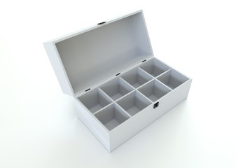 3D white box with sections inside. Mock Up box for packiging design isolated on white background.