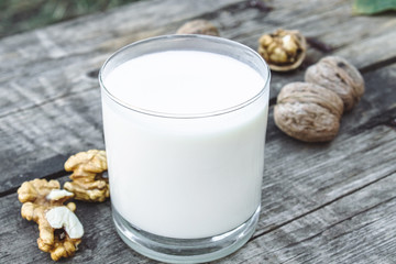 A glass of white milk and walnuts on an old wooden table. Vegan milk from walnuts. Eco food.