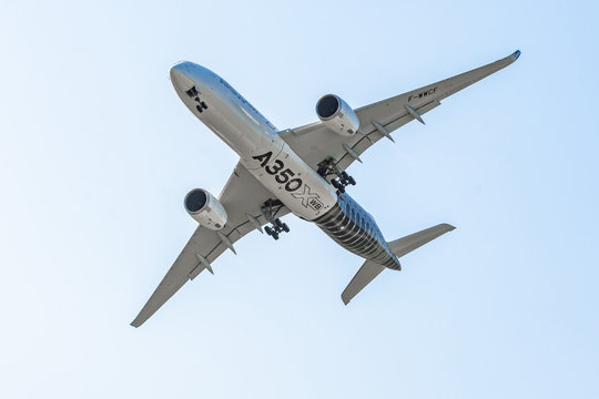 Airbus a350-900 XWB show flights. Russia, Moscow region Zhukovsky, airport Ramenskoe. Aviasalon MAKS 2019. 29 august 2019.