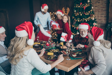 Merry x-mas noel meeting of large family back side photo old people sit table speak talk eat feast wear red santa claus cap hat father have fun with small little boy son near christmas tree garlands