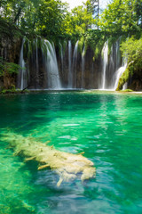 Pure fresh water rushing into an azure coloured lake at the Plitvice Lakes National Park, Plitvička Jezera, Croatia