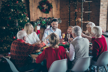 Photo of full big family gathering sit dinner table telling toasts x-mas party multi-generation eight members in newyear decorated living room indoors