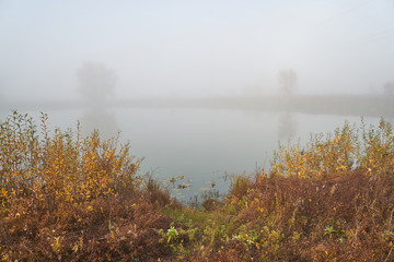 Naklejka na ściany i meble A quiet autumn dawn over the lake in sunlight. Fresh fog creeps over the ground.