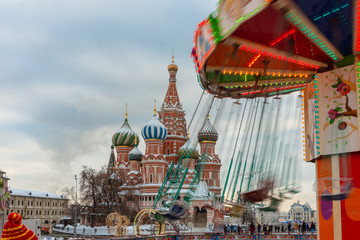 Christmas carousel on red square. St. Basil's Cathedral. Kremlin. In the new year holidays.