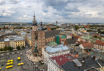 Aerial view of St. Mary's Church on the Main Square in Krakow, Poland