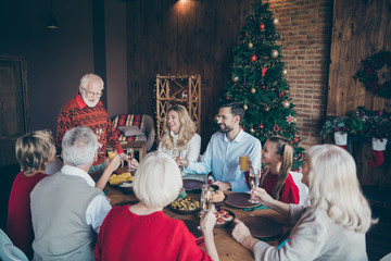 Nice lovely friendly idyllic cheerful big full family spending December gathering tradition eating brunch grandpa saying toast in modern industrial loft brick style interior decorated house