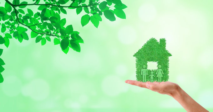 Ecology And Environmental Concept : Hand Holding Green Family And Home Icon With Branches Tree And Sunlight In Background.