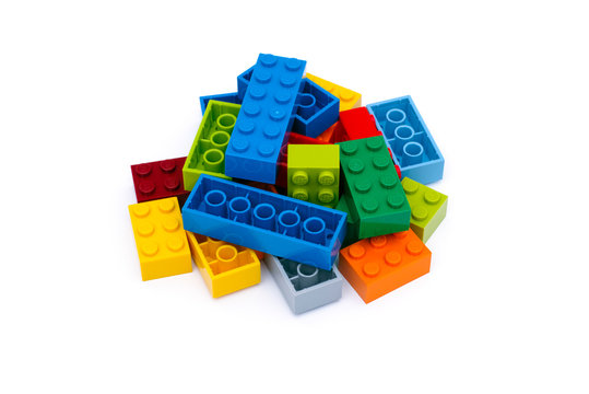 Tambov, Russian Federation - July 16, 2015 Heap of multicolor Lego Blocks. White background. Studio shot.